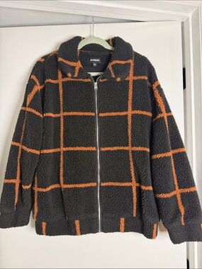 Express Black Sherpa Zip Jacket with Orangeish Brown Grid